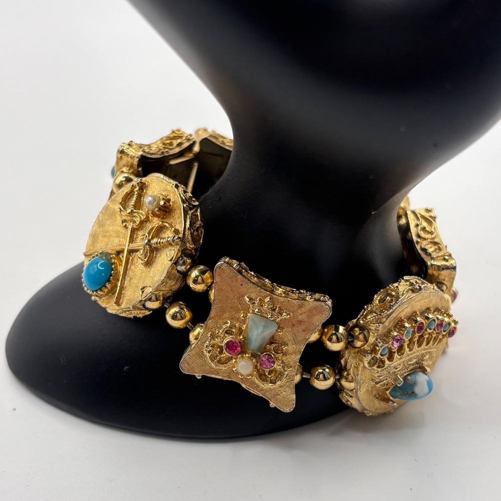 Vintage Arthur Pepper Victorian Revival Slide Bracelet Gold Tone Swords Crown